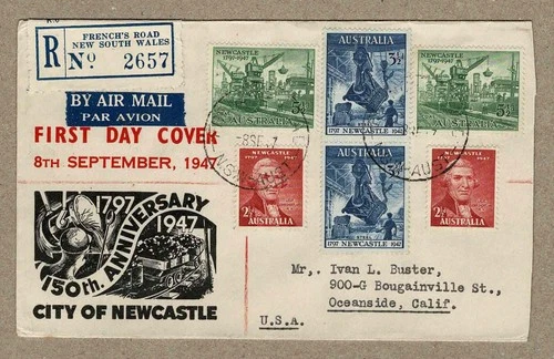 Australia 1947 Smyth Double Newcastle FDC French's Road Registered Cover to USA