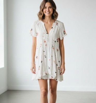 Embroidered Floral Dress Womens 6 White Short Sleeve Lace Up Boho Mini Style