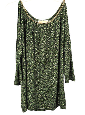 NWOT Michael Kors Chain Neck Small Green Metallic Gold Print Cold Shoulder Top