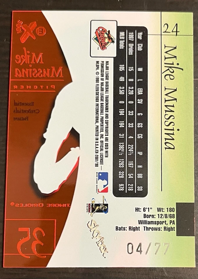 1998 Skybox E-X 2001 MIKE MUSSINA #24 Essential Credentials Future /77 - Image 2 of 2