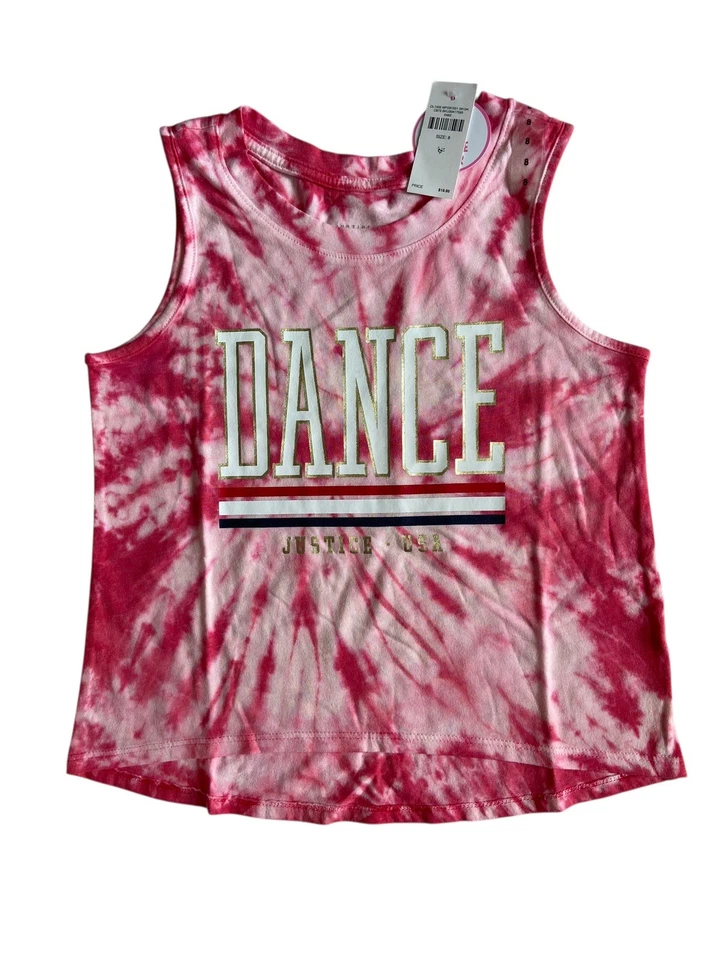 Conjunto Justice Girls Tie Dye Camiseta sin mangas Pantalones cortos de delfín Talla 8 Rojo Baile Americana Foto 2 de 4