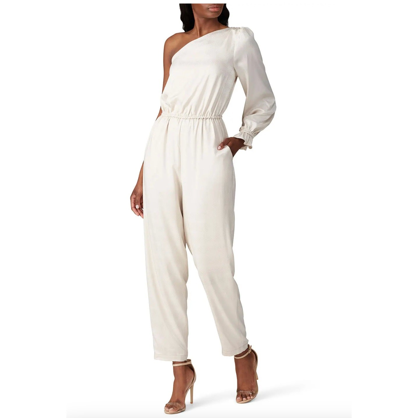 Love, Whit by Whitney Port Jumpsuit Womens 4 Ivory Jacquard One Shoulder Stretch