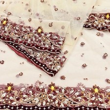 BEAUTIFUL Vintage Indian Dupatta / Veil Ivory Beadwork Wine Burgundy Red Shaw
