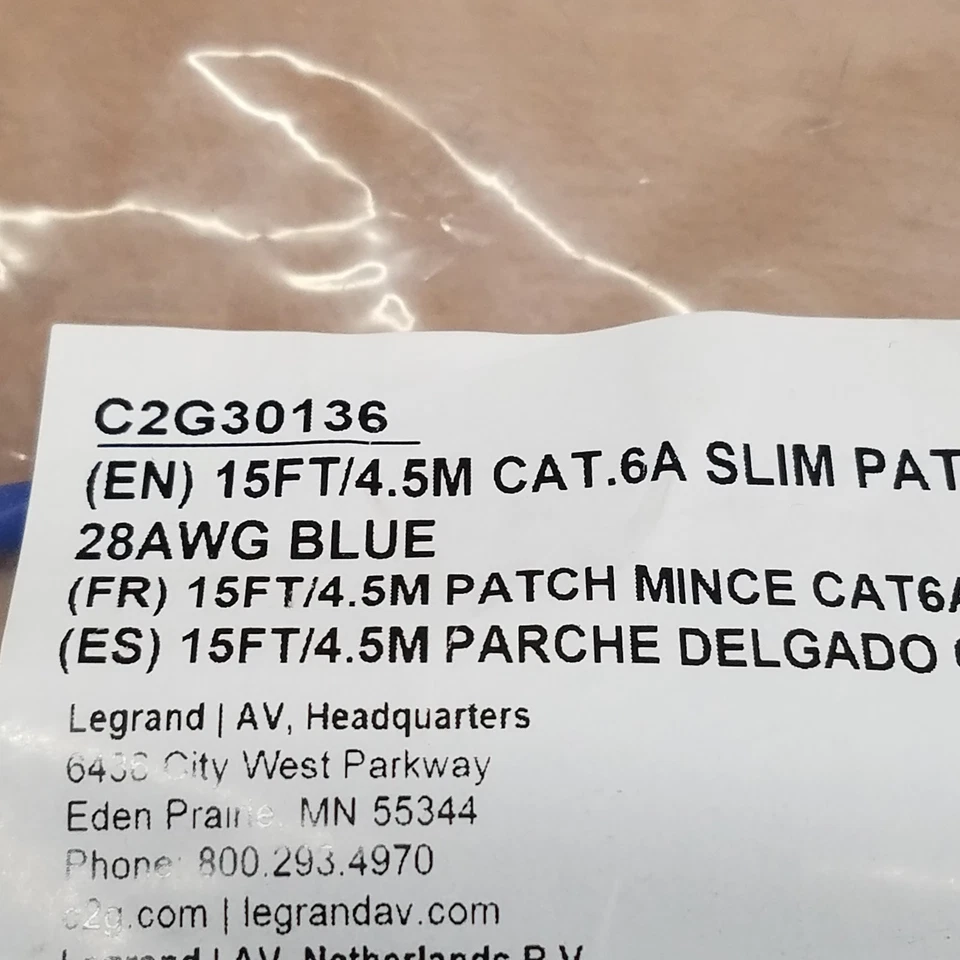 C2G C2G30136 Slim Patch Cable, 15Ft/4.5M, 28AWG, Blue, Cat 6A - NEW - Image 3 of 4