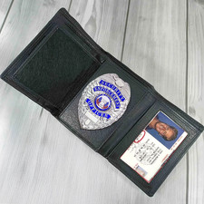 RFID Blocking Black Leather Men's ID Badge Wallet Security Police Shield Holder