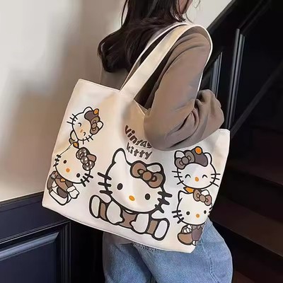 Sanrio Hello Kitty Canvas Bag Kawaii Cartoon Retro Kt Casual Shoulder Bag Anime