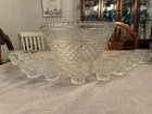 Vintage Anchor Hocking Wexford Punch Bowl Set With Ladle & 12 Cups