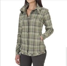 Exofficio Alba Plaid Funnel Neck Shirt Jacket Olive Green Purple Top Blouse Sz S