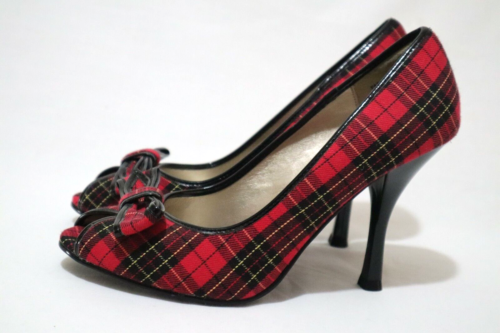 Size 7 Womens Solid Checkered/Bermuda Peep Toe Bow Tie Detail Heels (Ceremonial) - Picture 1 of 8