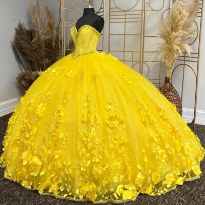 Yellow Quinceanera Dresses Sweetheart Backless Flower Ball Gown Long Sweet  15 | eBay