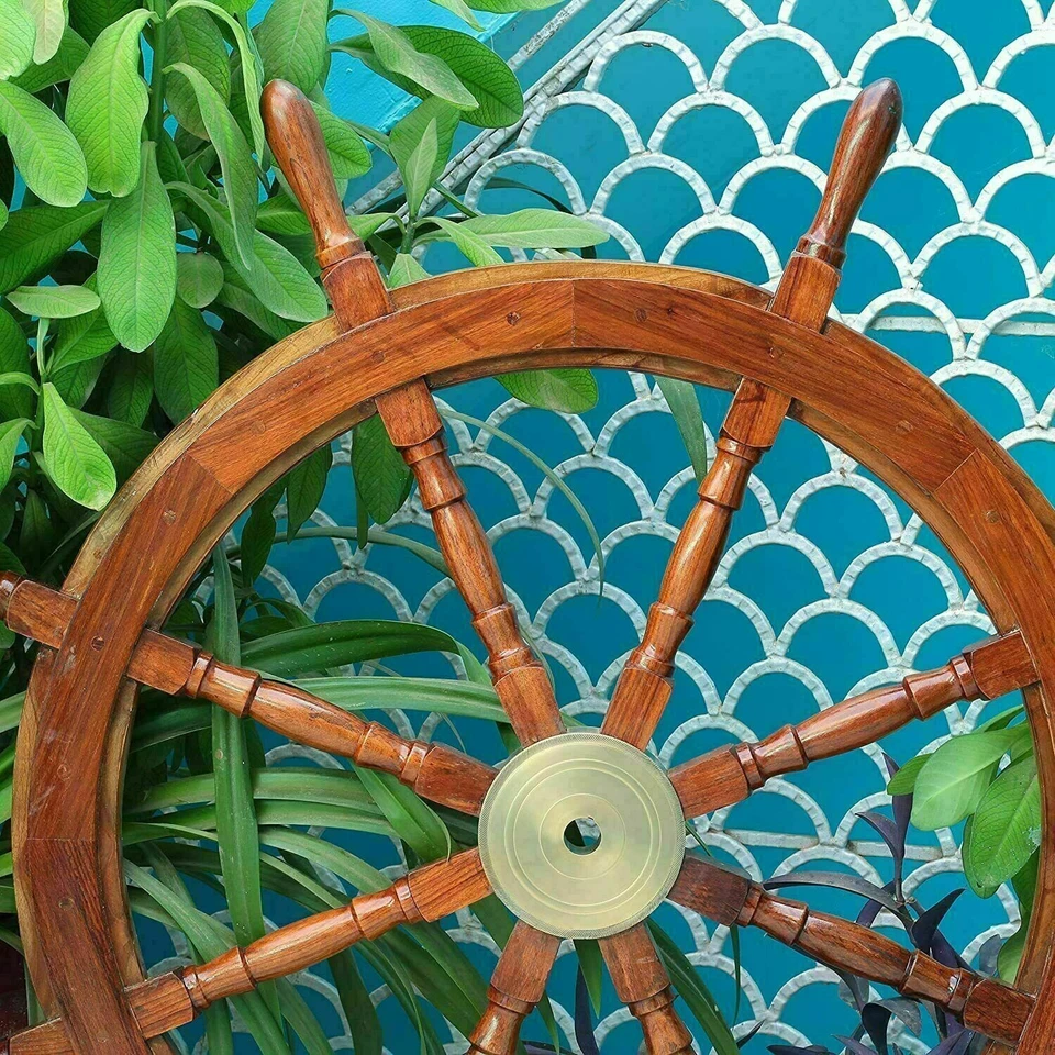 36 Inch Antique Teak Brass Nautical Pirate Ship's Big Steering Wheel Wooden Gift - Image 4 of 4
