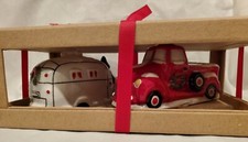 Blue Sky Christmas Salt & Pepper Shakers Red Pickup Truck Camper Kitchen NEW