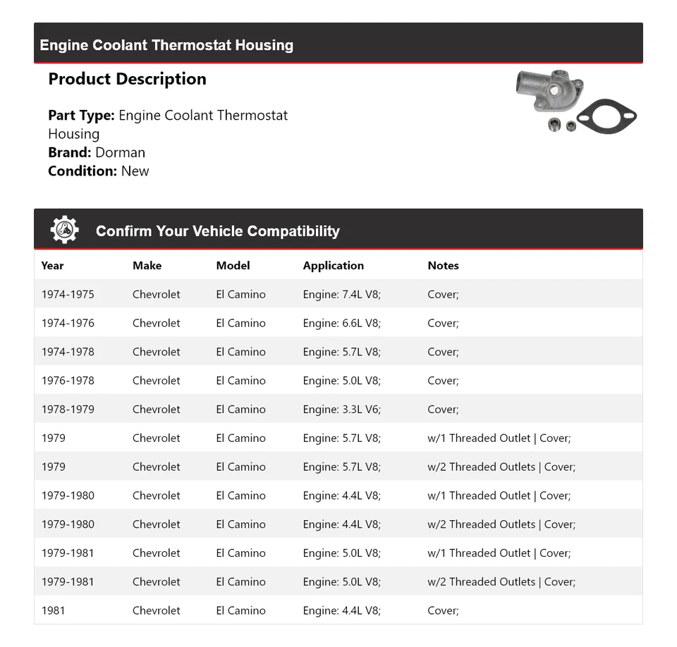 Carcasa termostato refrigerante motor Chevrolet El Camino Dorman 1974-1981 1975 Foto 2 de 4