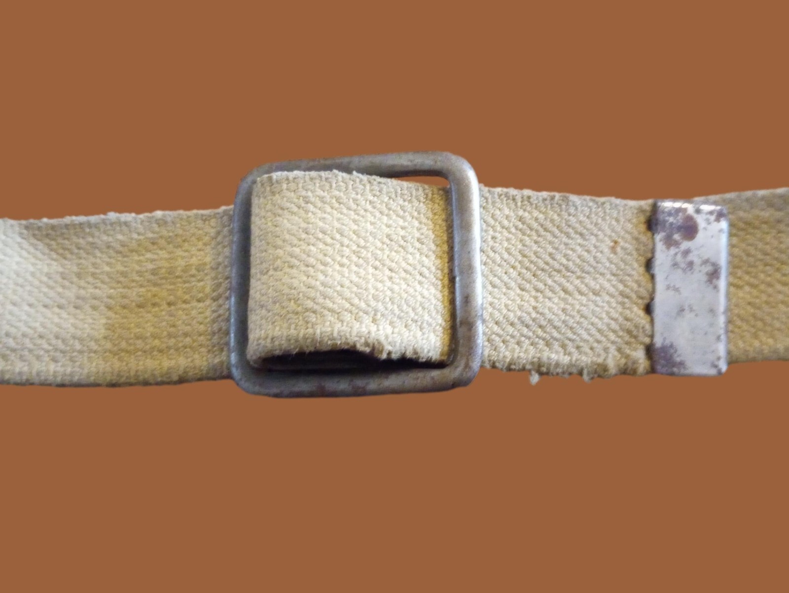 MILITARY ISSUE FRENCH ARMY KHAKI WEB BELT WITH OPEN FACE BUCKLE LARGE WWII ERA