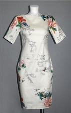 VTG Colorful Asian Floral Zipper Back Stretchy Cotton S/S Dress Wm's XS / S