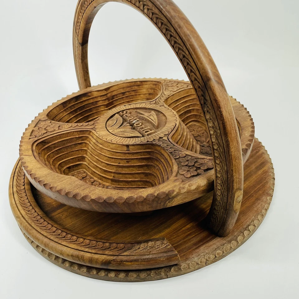 РЕДКИЙ 14-дюймовый деревянный плоский складной лоток ручной работы с логотипом Sea World — 3 отсека (UU) - Изображение 4 из 4