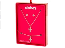 Claire's Girls 3 pack Silver Cross Necklace Bracelet Earrings Jewelry Gift Set