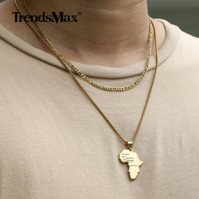 Set of 2Pcs Gold Africa Map Pendant Necklace Stainless Steel Box + Figaro Chain