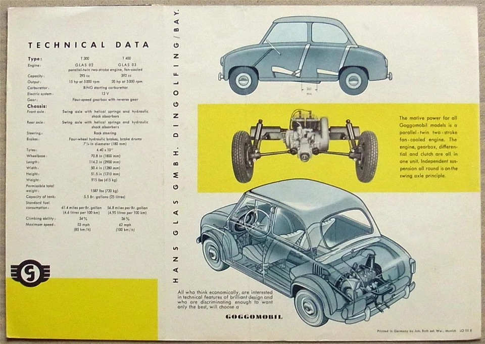 GOGGOMOBIL SALOON 300/400 Car Sales Brochure 1958 #LO 111 E - Image 4 of 4