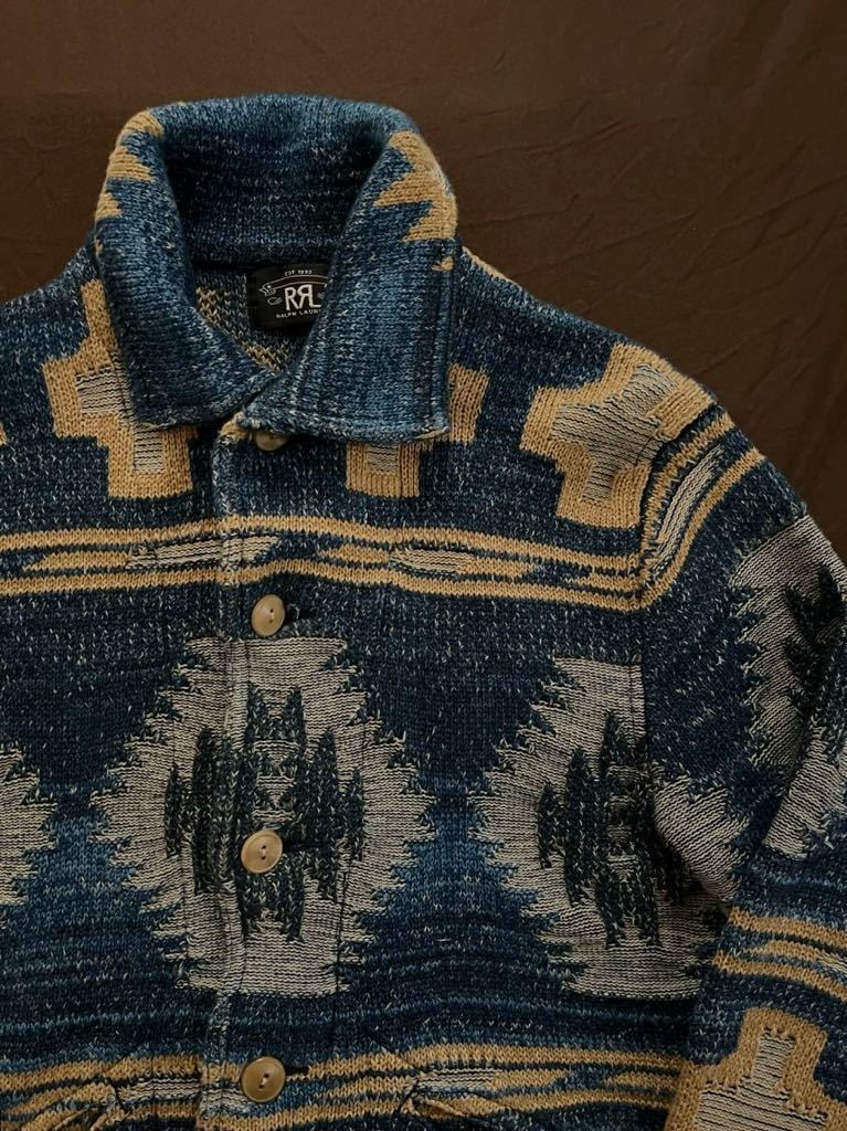 Used RRL Ralph Lauren Native Beacon Knit Jacket Size S Dark Blue Length 64cm