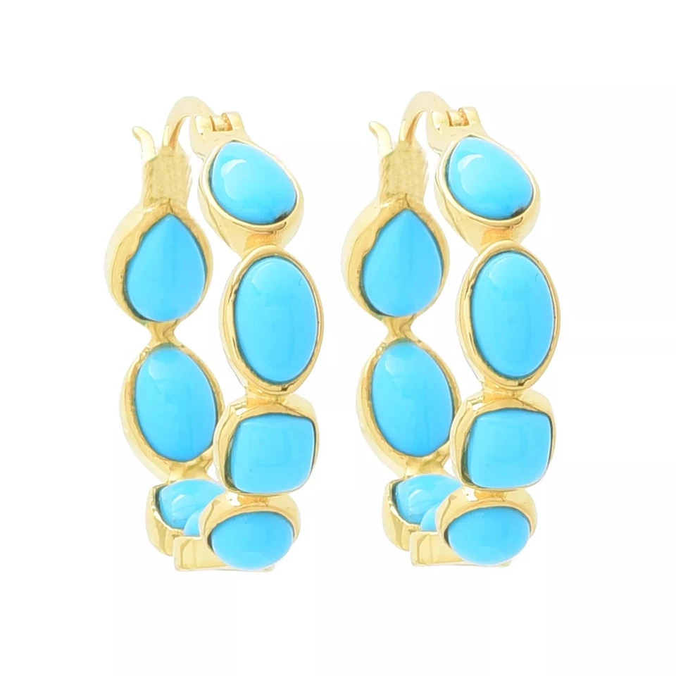 Natural Sleeping Beauty Turquoise Hoop Earring Women  925 Silver Gold Vermeil - Image 3 of 4