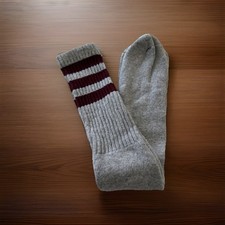 Vintage Tube Socks 18 Grey Burgundy Striped 1980's New Acrylic Blend Soft