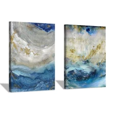 Blue Abstract Canvas Wall Art: Beige Print Picture Artwork for Bathroom witho...