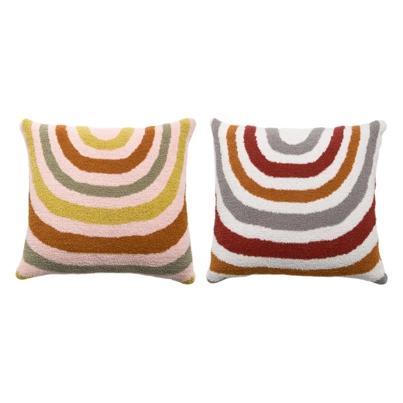 Boho Woven Tufted Throw Pillow for Case Colorful Rainbow Stripe Square Cushion C