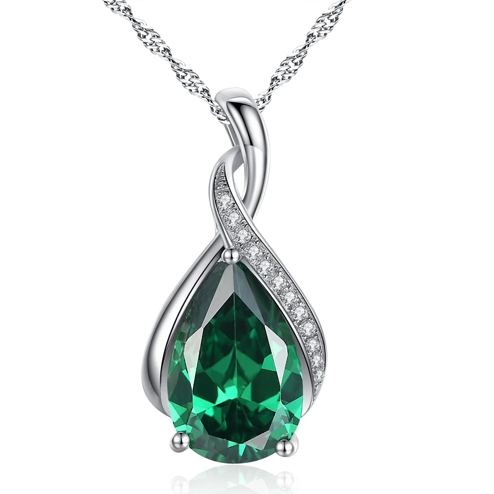 Sterling Silver Pear Simulated Emerald Necklace Pendant Jewelry
