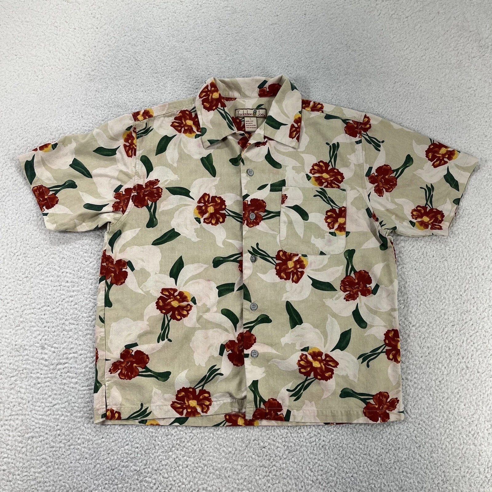 Tuckahoe Joe Hawaiian Shirt Mens Large Beige Floral Silk Button Up Camp Adult
