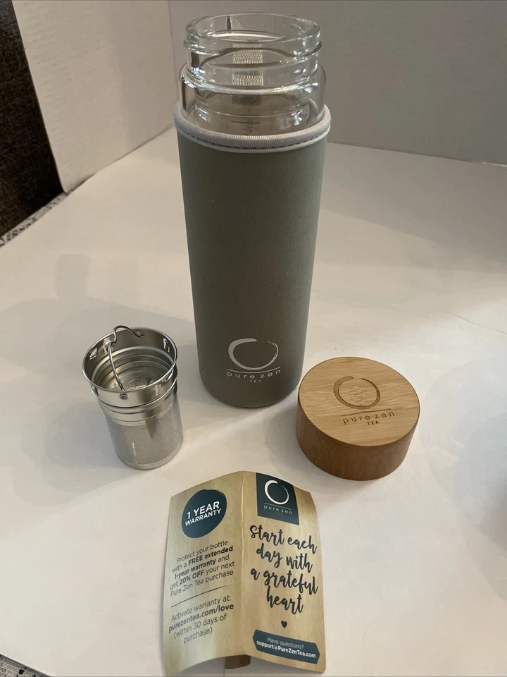 Pur Zen Tea Glass Bottle W/ Infuser Double Bamboo Lid Grey Sleeve 15 Oz - Image 3 of 4