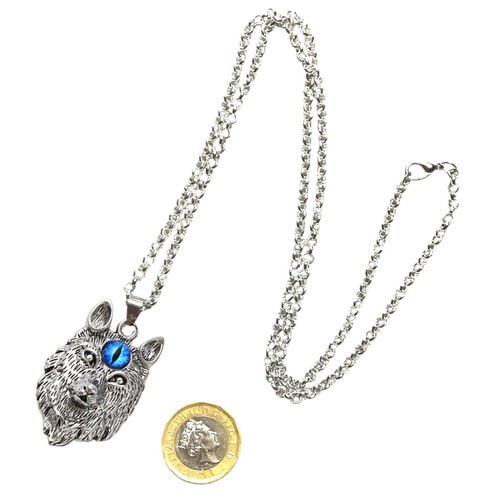 1x Silver Tone 3D Wolf Head with Blue 3rd Eye Pendant Long Rolo Chain Necklace - Picture 3 of 7