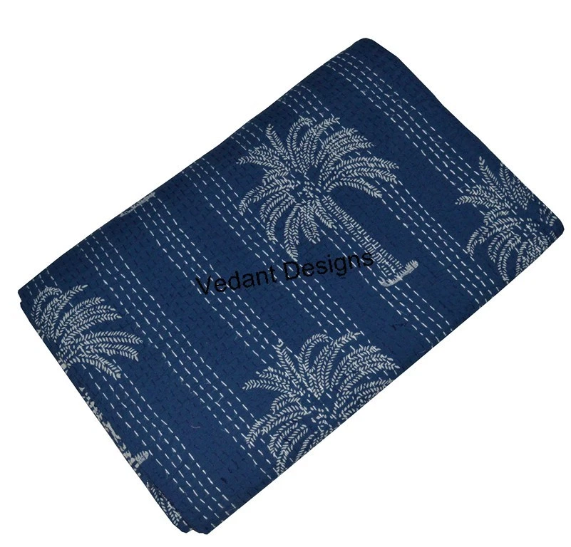 Colcha Kantha azul índigo 100% algodão puro estampa de bloco de mão jaipuri queen size - Imagem 3 de 4