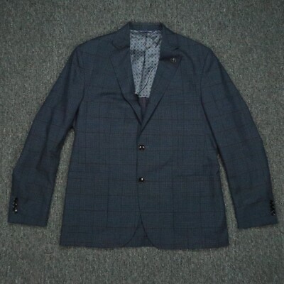 Ted Baker Blazer Mens 42R Blue Endurance Wool Windowpane Plaid Suit Jacket *