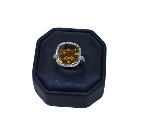 ANILLO BLING CÓCTEL MODERNO NARANJA MIEL CITRINO 14K ORO BLANCO HALO DIAMANTE - Imagen 2 de 6