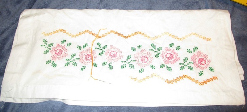 Embroidered Table runner, half finished, Roses, Approximately 20" by 68"