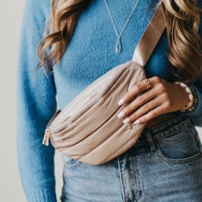 Taupe Shiny Quilted Puffer Bum Sling Crossbody Bag
