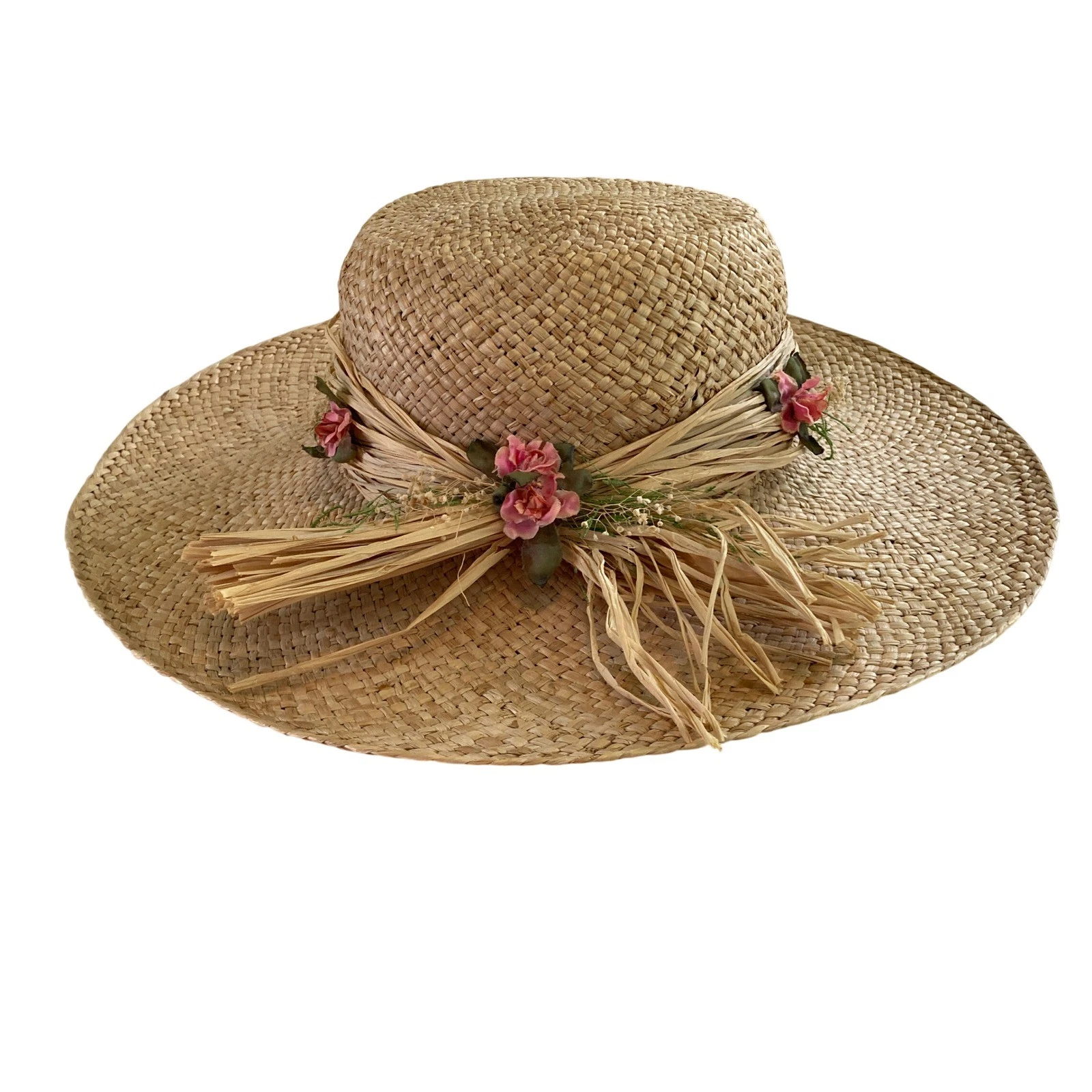 Cappelli Straw Sun Hat Wide Brim Tan Raffia Bow Pink Flowers Beachy Wedding