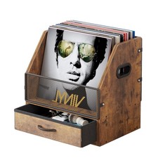 Vinyl Record Storage Crate with Fabric Drawer, Wooden LP Album Storage Holder...