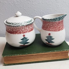 Vintage Gibson Christmas Sugar and Creamer Set, Simple and Cute Christmas Tree
