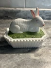 VTG WESTMORELAND MILK GLASS BUNNY RABBIT ON NEST HAND PAINTED ARTIST SIGNED