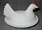 VINTAGE WHITE MILK GLASS WITH DECORATED HEAD FULL SIZE HEN ON NEST