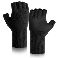 Merino Wool Fingerless Gloves Winter Half Finger Knitted Large Black