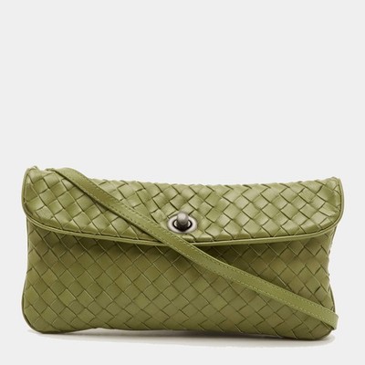 Bottega Veneta Green Intrecciato Leather Lock Flap Crossbody Bag