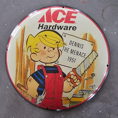 #ad VINTAGE CONVEX 1951 ACE HARDWARE US GASOLINE OIL GAS PUMP ENAMEL PORCELAIN SIGN $149.99