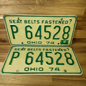 Vtg 1964 Ohio License Plate Pair Set P-64528  "Seat Belts Fastened?"