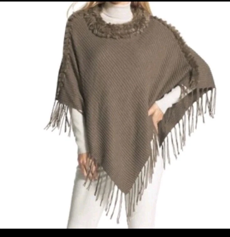 CHICO'S faux fur Neck fringe trim sweater Poncho shawl gray Womens one Size OS