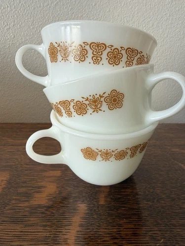 3 Vintage 70s Corelle Pyrex Butterfly Gold Milk Glass Coffee Cup Mug
