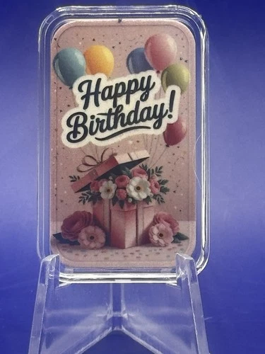 happy birthday 1 troy oz .999 Fine Silver Colorized Art Bar