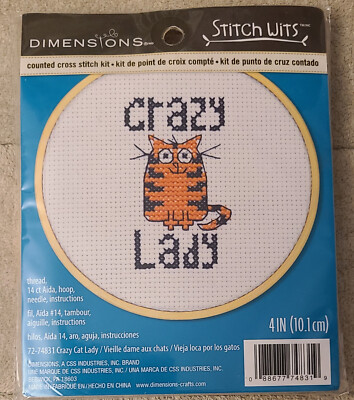 Dimensions-Stitch Wits-Counted Cross Stitch Kit 4 Inch ''Crazy Cat Lady'' New 2020